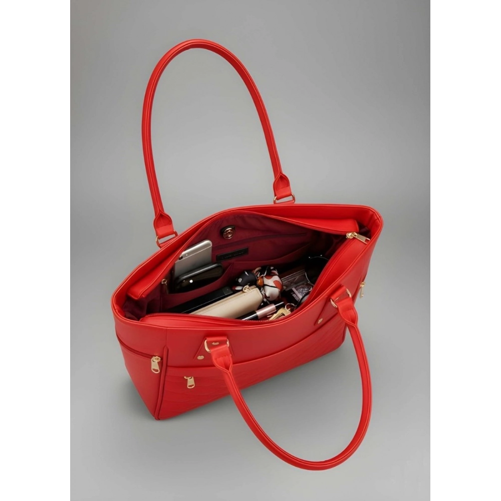 Women's PU Leather Solid Shoulder Zipper Handbag (Red) - Image 4
