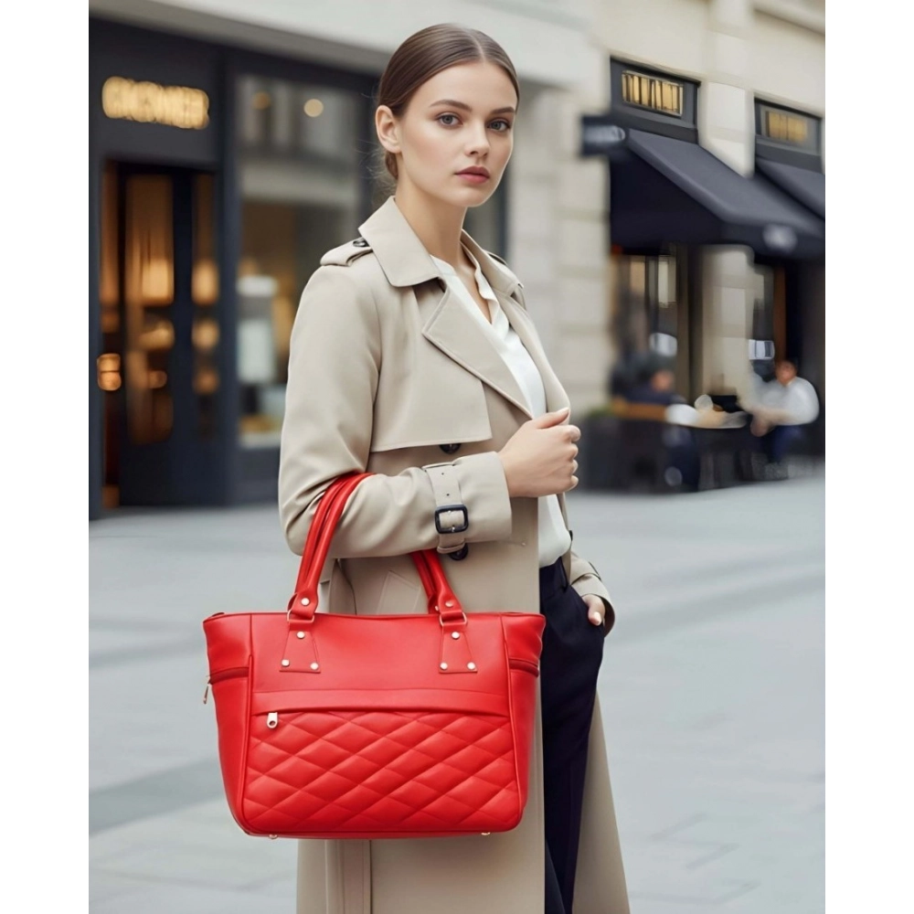 Women's PU Leather Solid Shoulder Zipper Handbag (Red) - Image 2