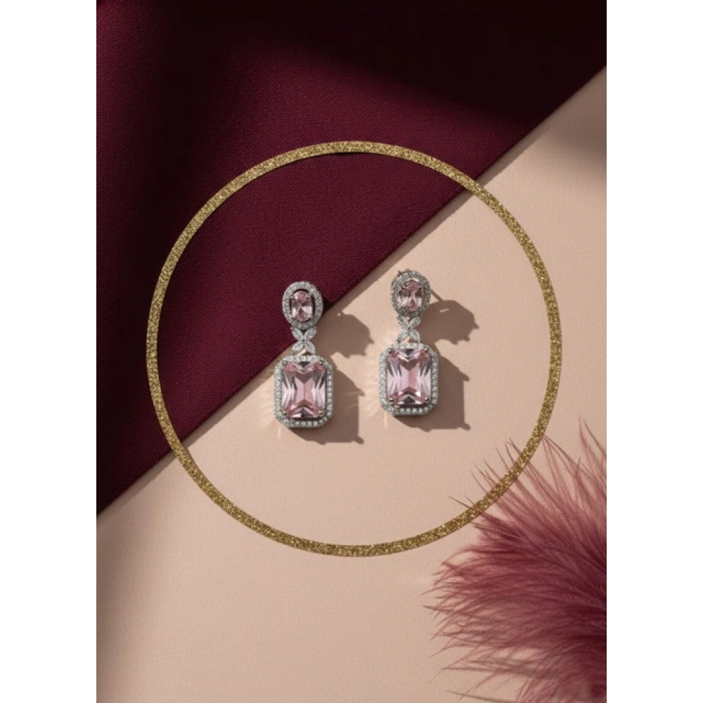 Generic Women's Brass Silver Plated Drop Earrings (Pink) - Image 3