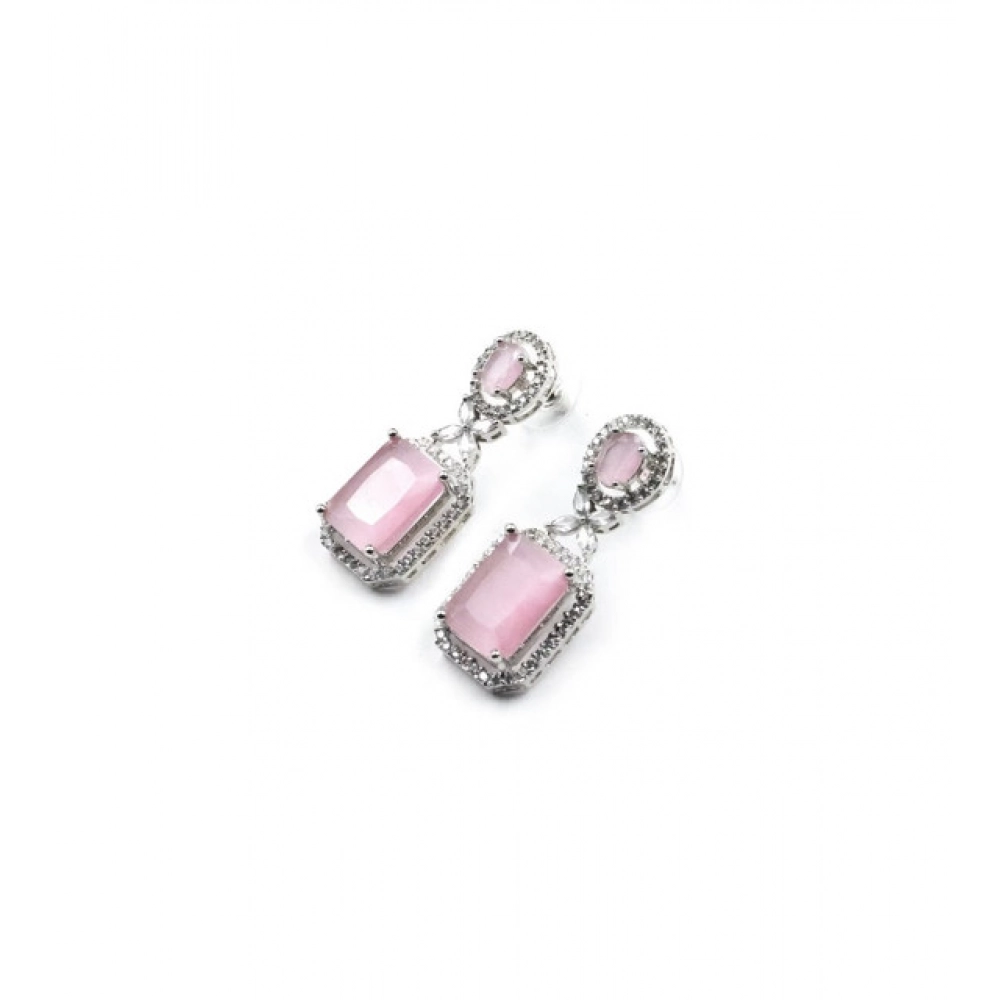 Generic Women's Brass Silver Plated Drop Earrings (Pink) - Image 2