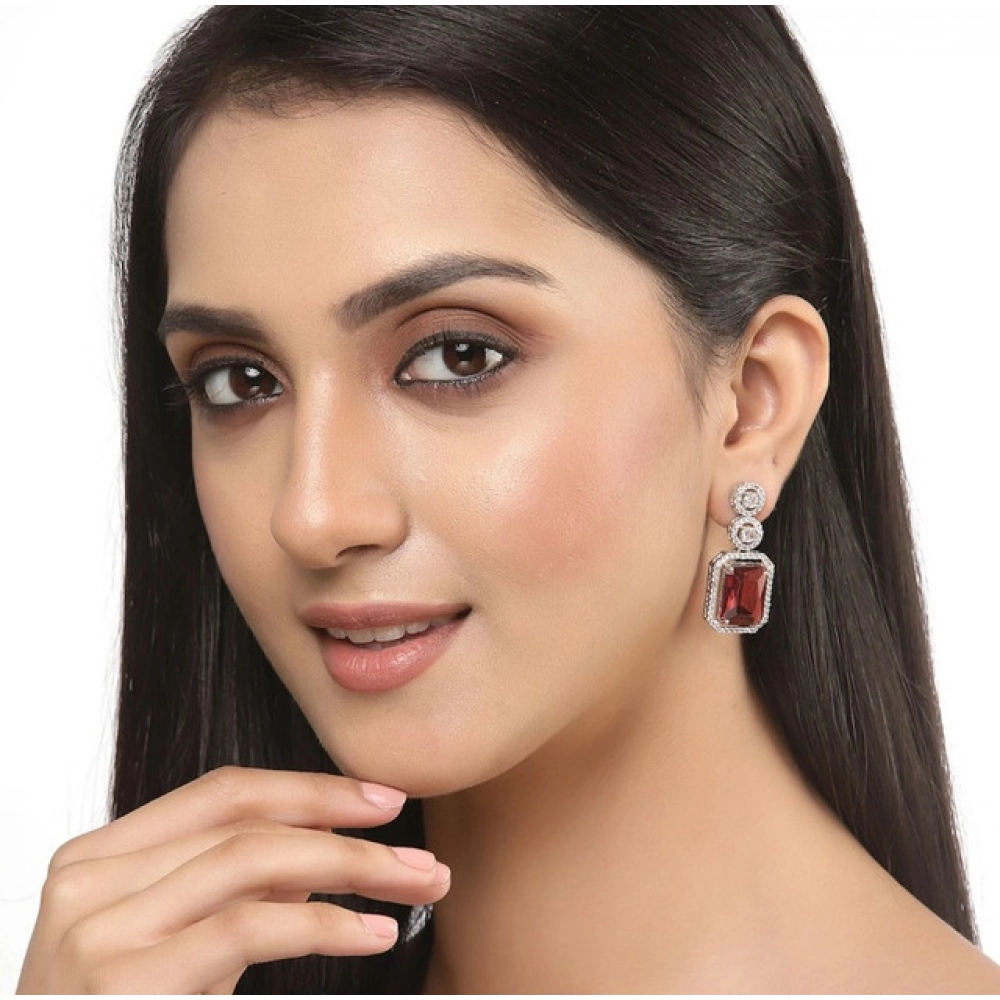Generic Women's Brass Silver Plated Drop Earrings (Red) - Image 3
