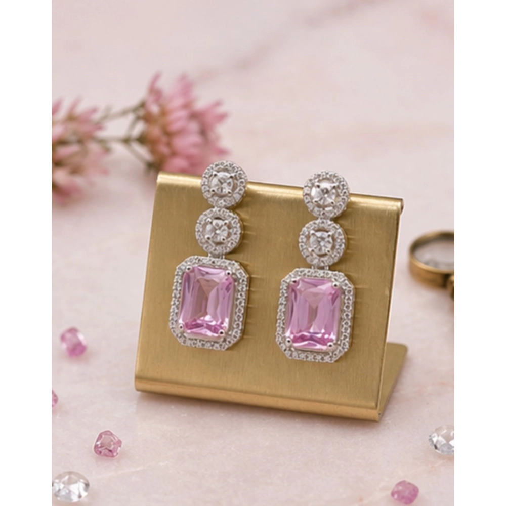 Generic Women's Brass Silver Plated Drop Earrings (Pink) - Image 4