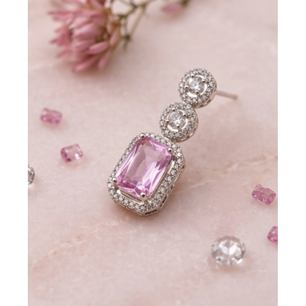 Generic Women's Brass Silver Plated Drop Earrings (Pink) - Image 3