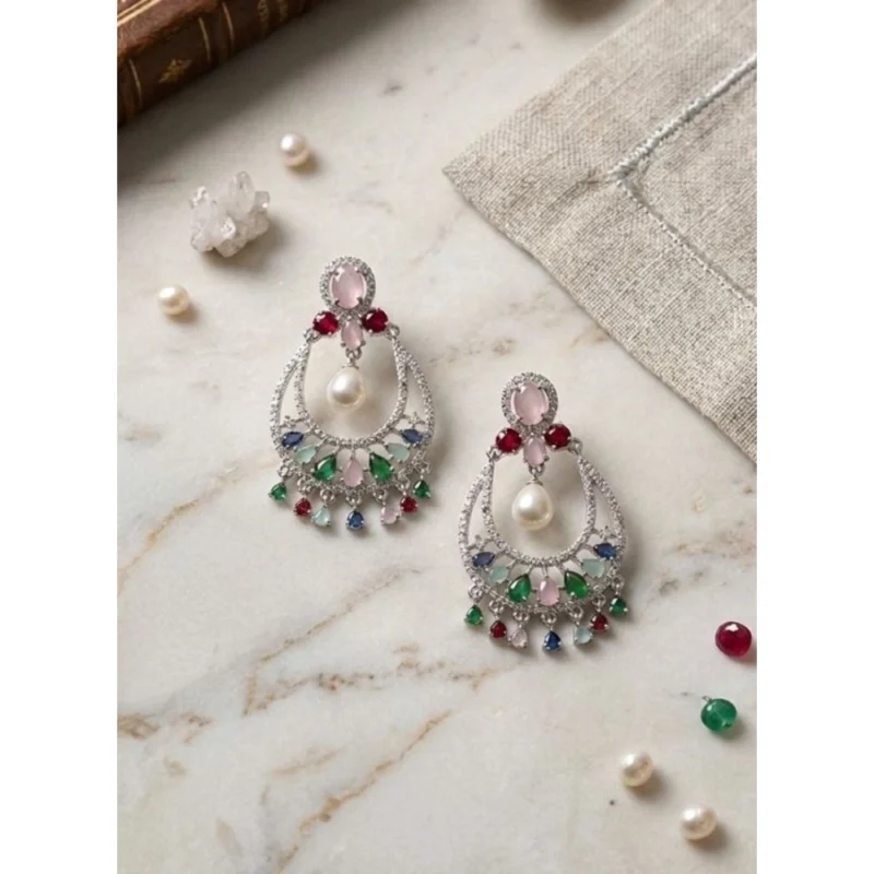 Generic Women's Brass Silver Plated Chandbali Earrings (Multicolor)