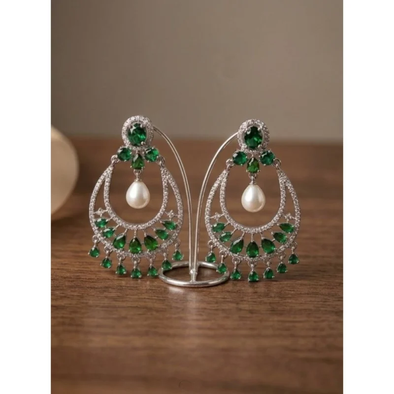 Generic Women's Brass Silver Plated Chandbali Earrings (Green)
