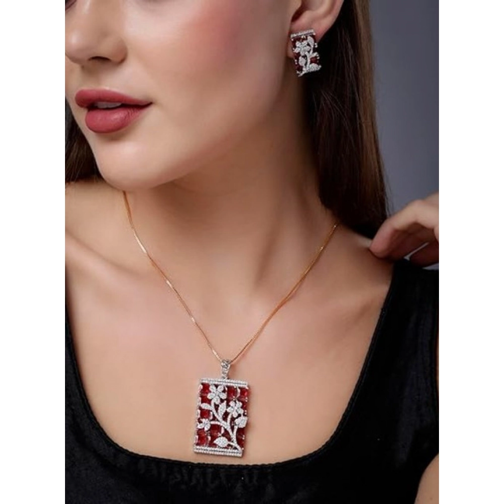 Generic Women's Brass Silver Plated Pendant Set (Red) - Image 4