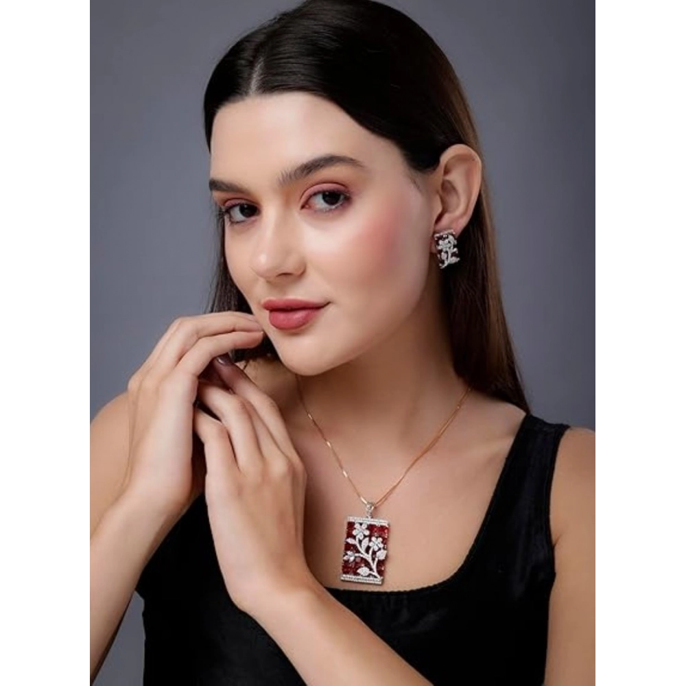 Generic Women's Brass Silver Plated Pendant Set (Red) - Image 3