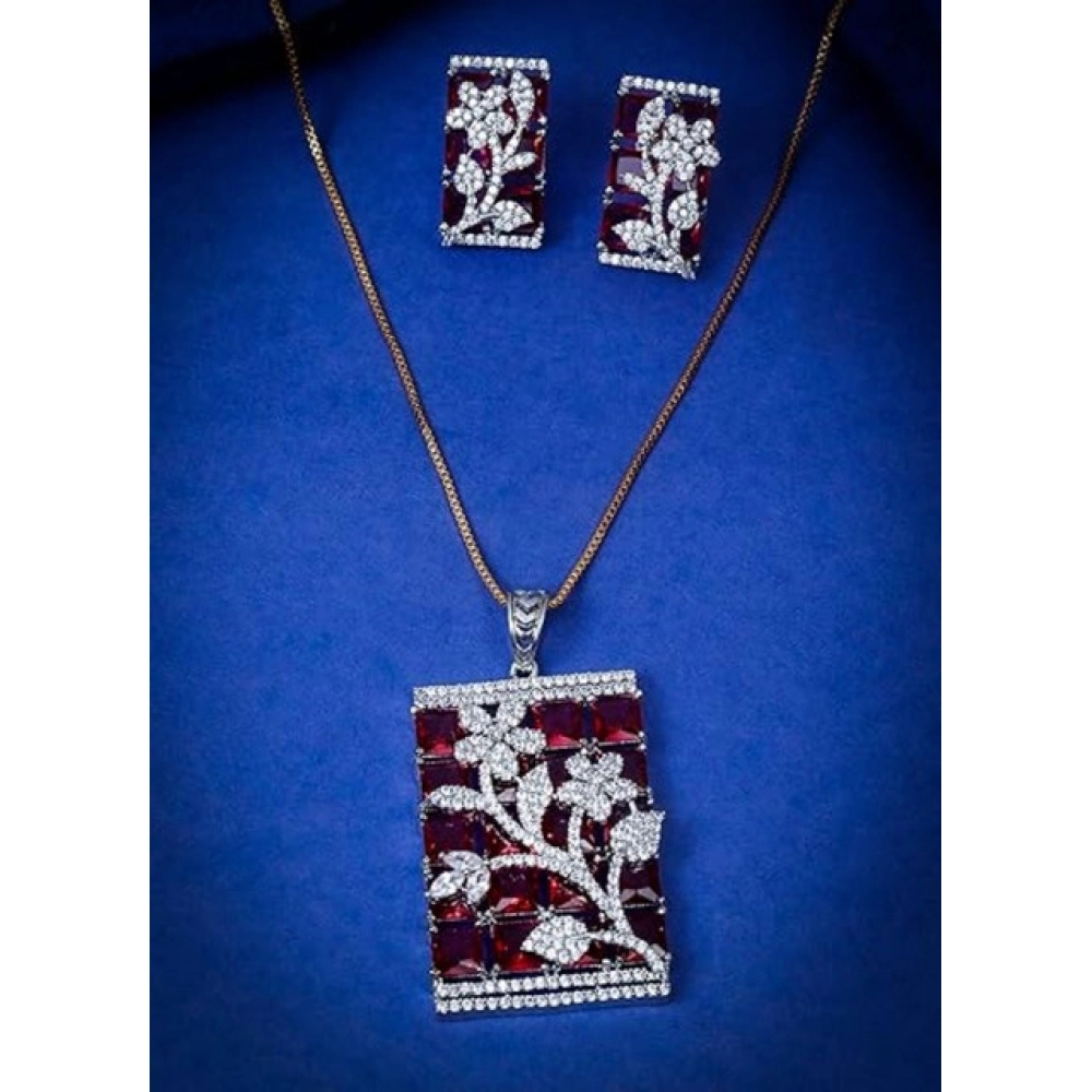 Generic Women's Brass Silver Plated Pendant Set (Red) - Image 2