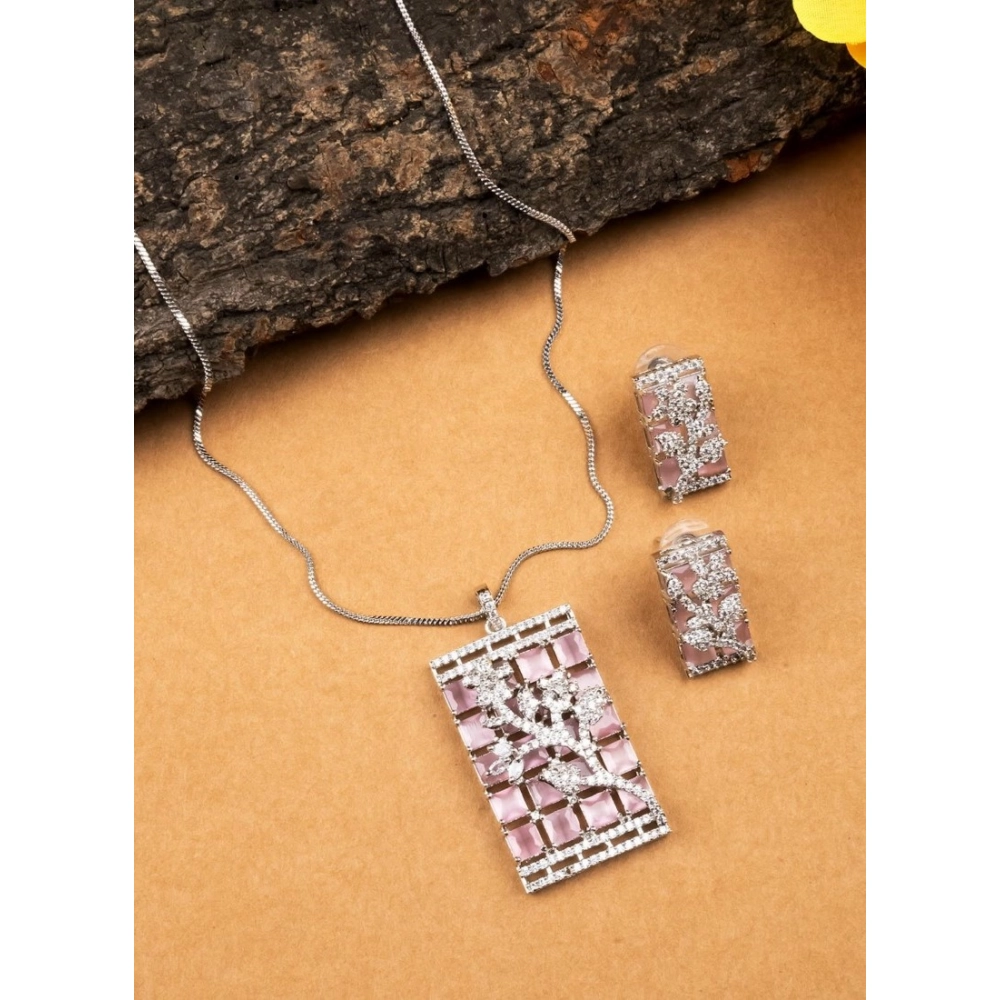 Generic Women's Brass Silver Plated Pendant Set (Pink) - Image 4