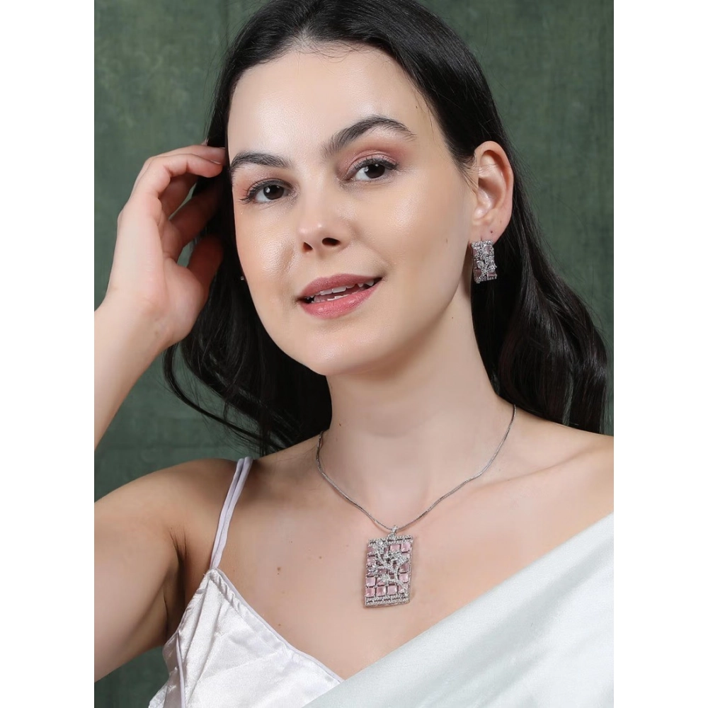 Generic Women's Brass Silver Plated Pendant Set (Pink) - Image 3