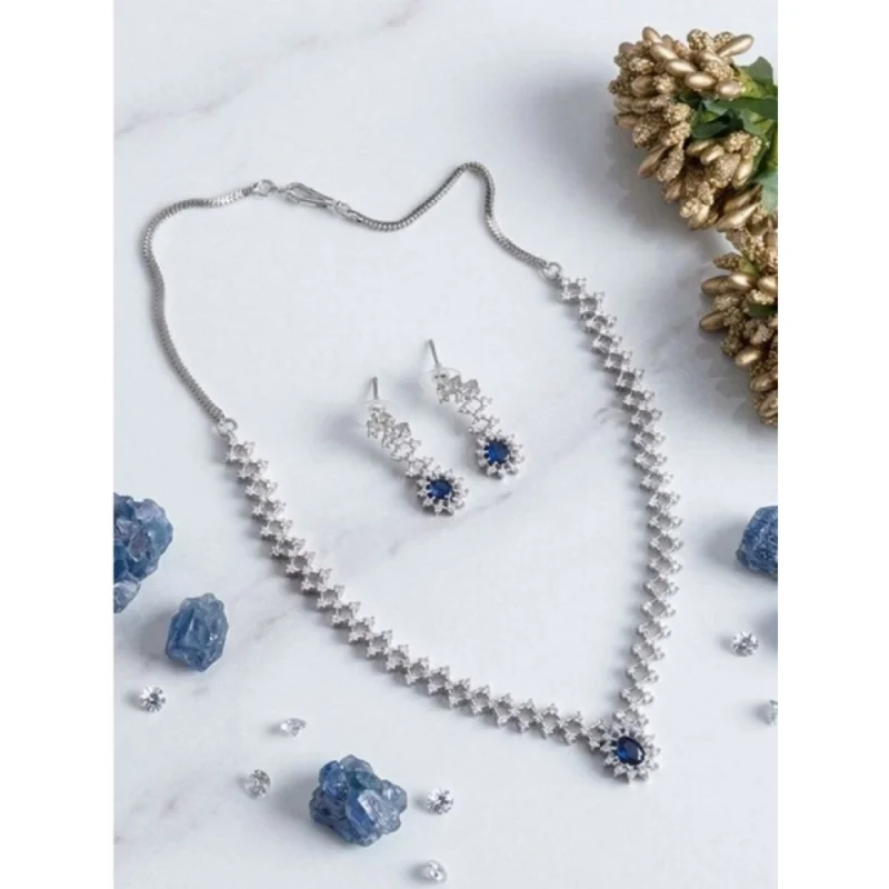 Generic Women's Brass Silver Plated Necklace set (Blue)