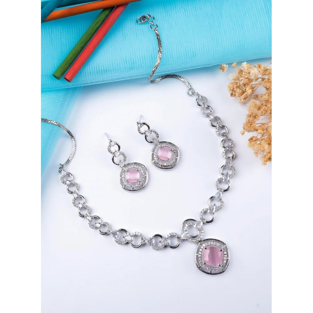 Generic Women's Brass Silver Plated Necklace set (Pink) - Image 4