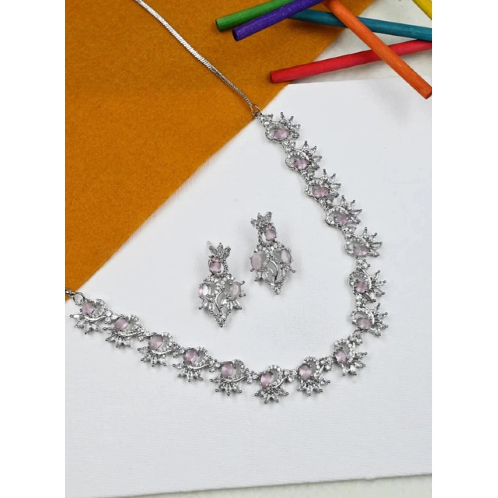 Generic Women's Brass Silver Plated Necklace set (Pink) - Image 4