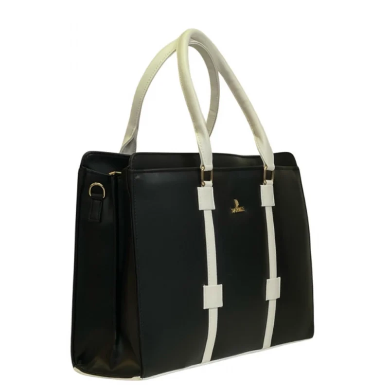 Women's Polyurethane Solid Structured Shoulder Tote Handbag (Black-Cream)