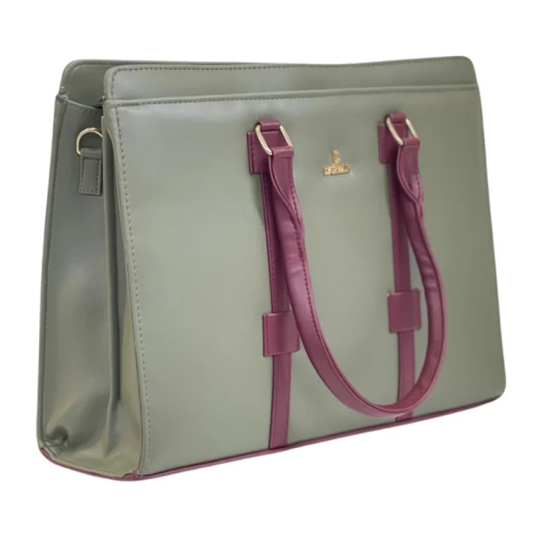 Women's Polyurethane Solid Structured Shoulder Tote Handbag (Sage Green-Burgundy)