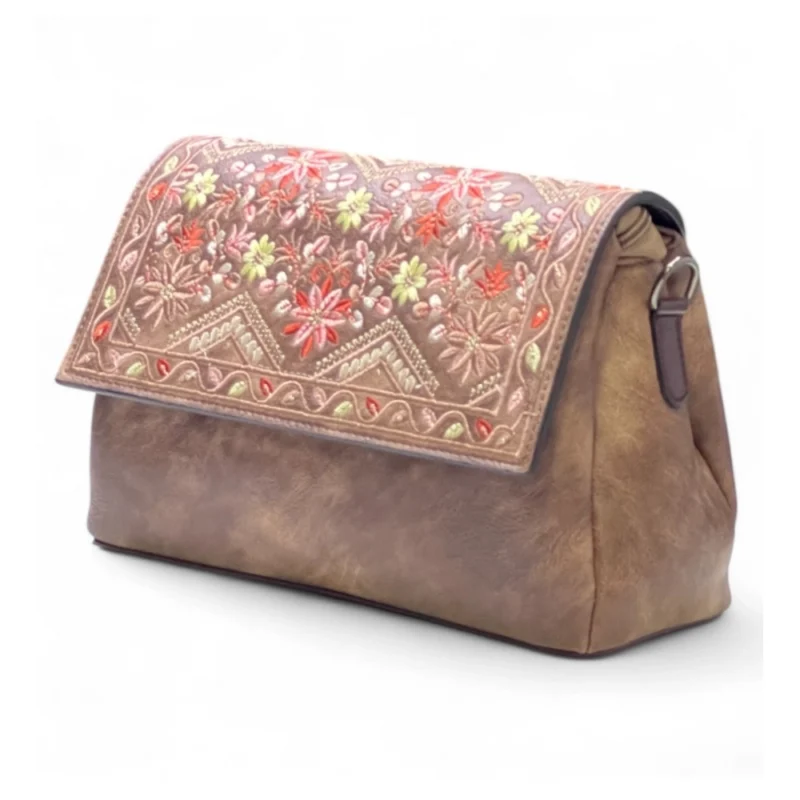 Women's Polyurethane Floral Embroidered Crossbody Sling Bag with Adjustable & Removable Strap (Brown)