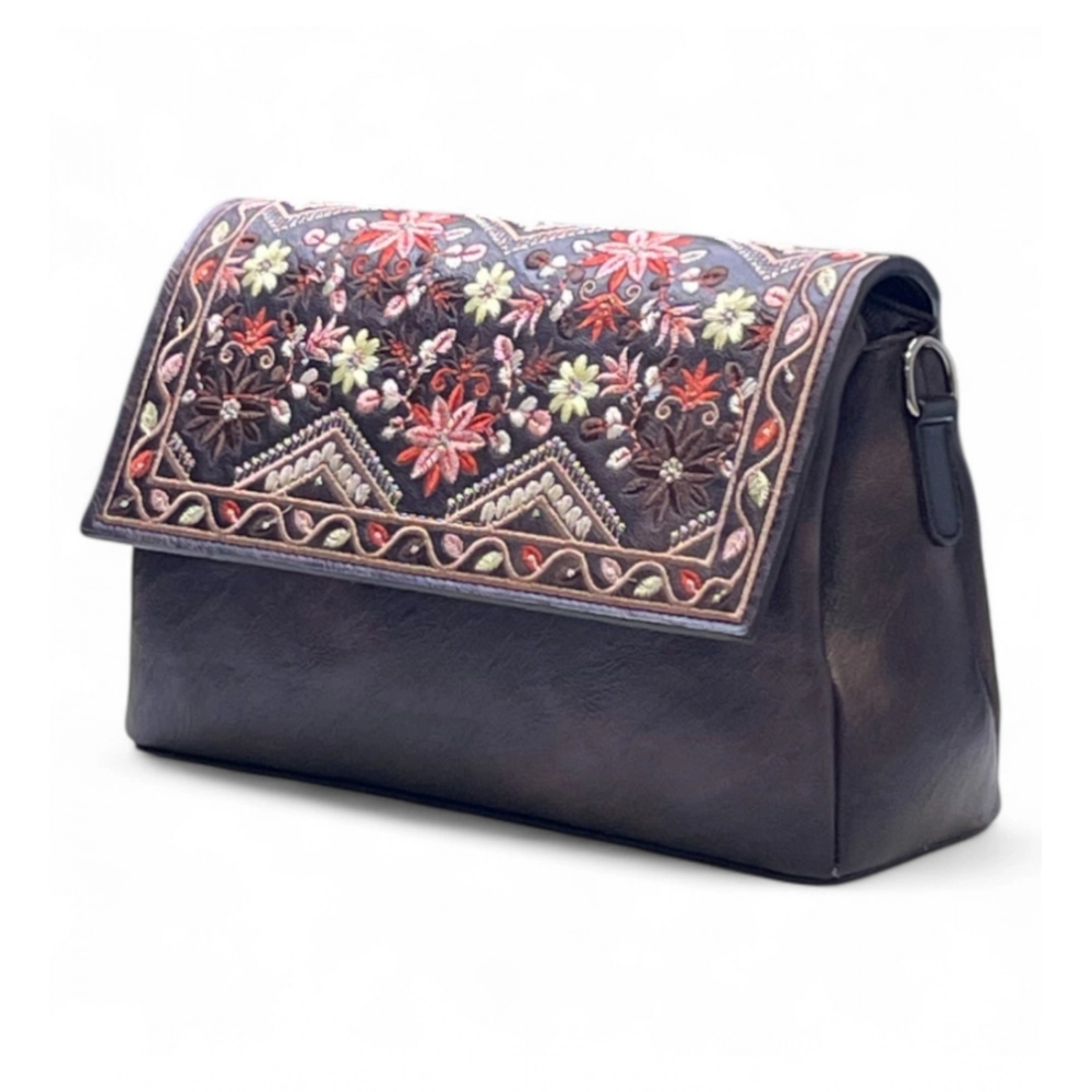 Women's Polyurethane Floral Embroidered Crossbody Sling Bag with Adjustable & Removable Strap (Coffee)