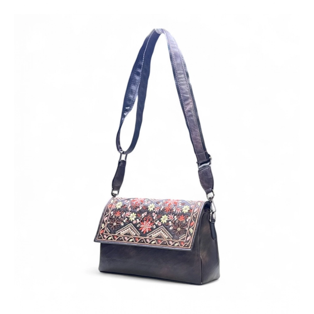 Women's Polyurethane Floral Embroidered Crossbody Sling Bag with Adjustable & Removable Strap (Coffee) - Image 3