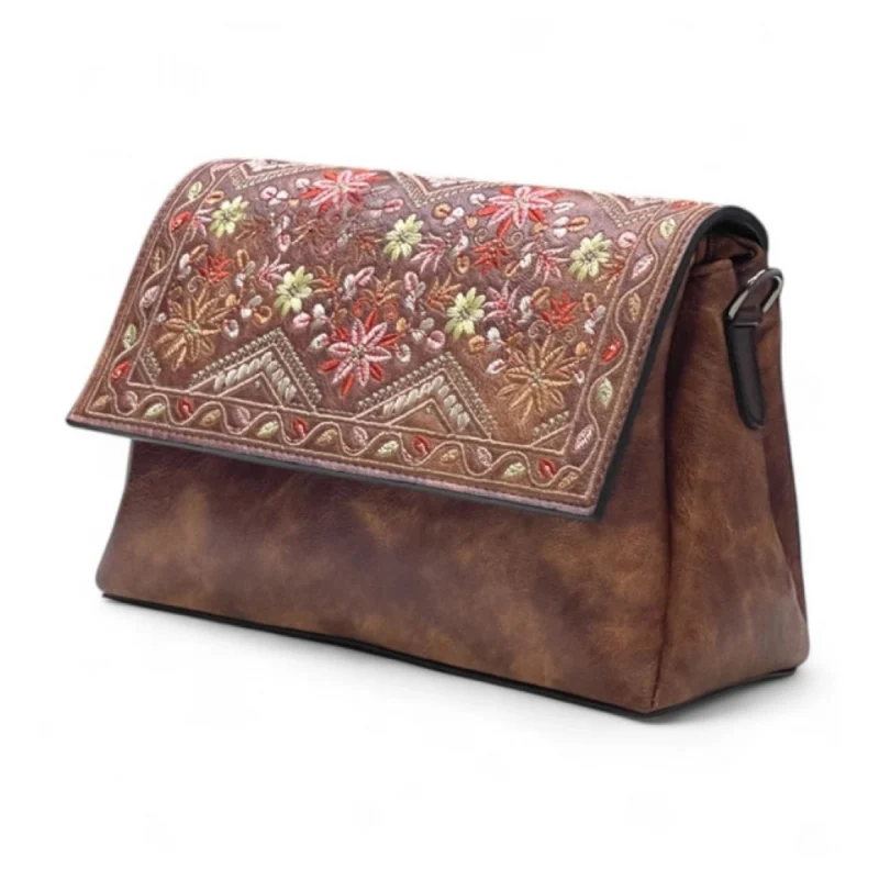 Women's Polyurethane Floral Embroidered Crossbody Sling Bag with Adjustable & Removable Strap (Dark Brown)