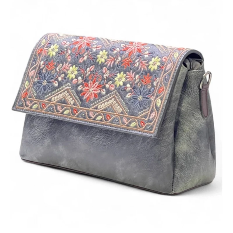 Women's Polyurethane Floral Embroidered Crossbody Sling Bag with Adjustable & Removable Strap (Grey)