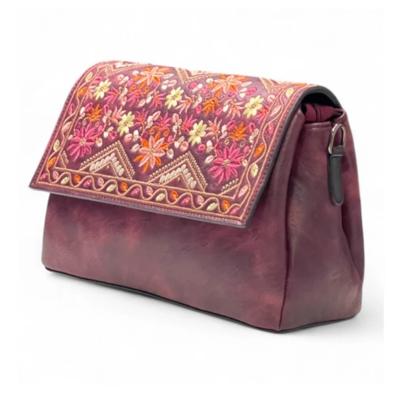 Women's Polyurethane Floral Embroidered Crossbody Sling Bag with Adjustable & Removable Strap (Red)
