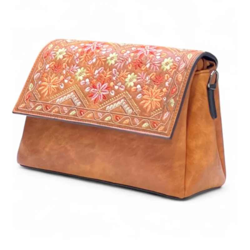 Women's Polyurethane Floral Embroidered Crossbody Sling Bag with Adjustable & Removable Strap (Tan)