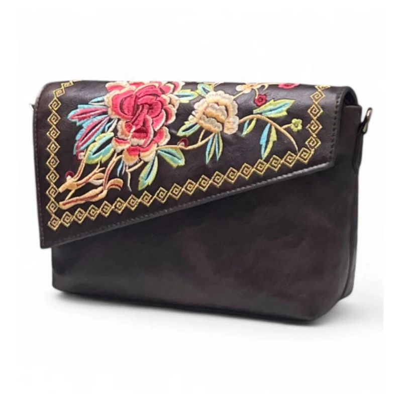 Women's Polyurethane Floral Embroidered Crossbody Sling Bag with Adjustable & Removable Strap (Coffee)
