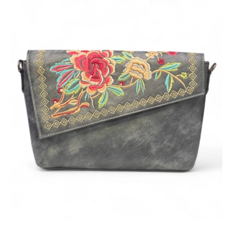 Women's Polyurethane Floral Embroidered Crossbody Sling Bag with Adjustable & Removable Strap (Grey)
