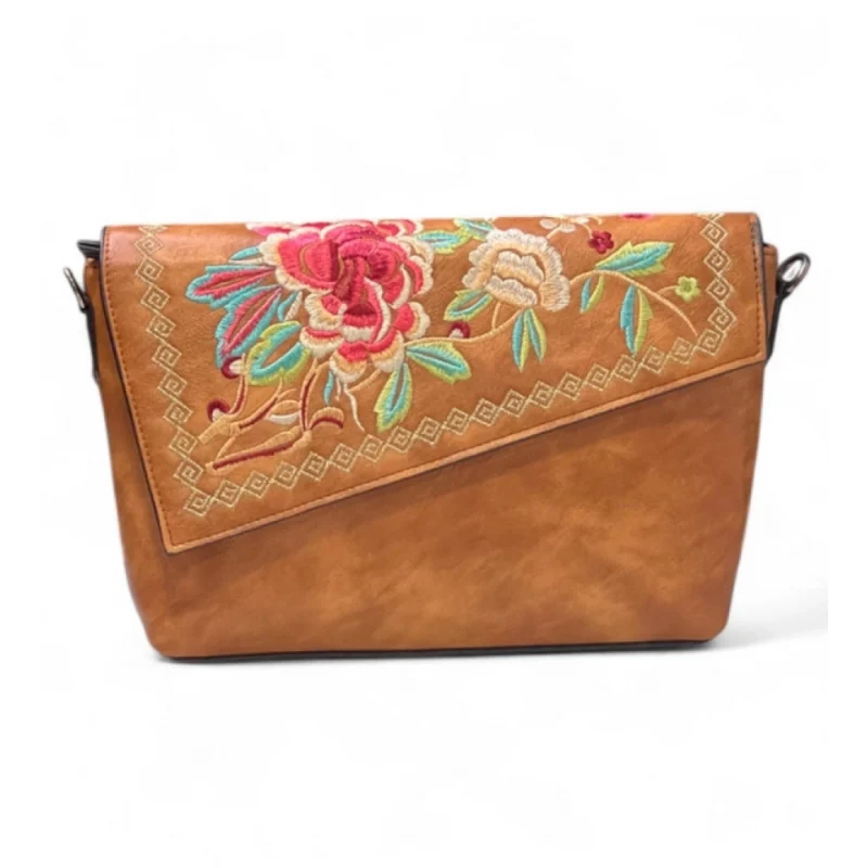 Women's Polyurethane Floral Embroidered Crossbody Sling Bag with Adjustable & Removable Strap (Tan)