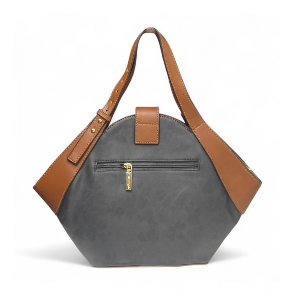 Women's Polyurethane Floral Printed Hexagonal Satchel Handbag with Adjustable Strap (Charcoal Grey) - Image 3