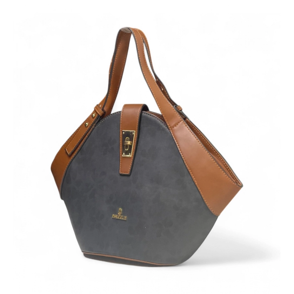 Women's Polyurethane Floral Printed Hexagonal Satchel Handbag with Adjustable Strap (Charcoal Grey) - Image 5