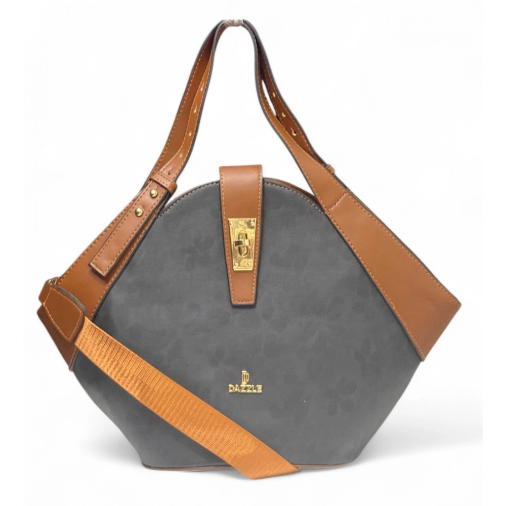 Women's Polyurethane Floral Printed Hexagonal Satchel Handbag with Adjustable Strap (Charcoal Grey) - Image 6