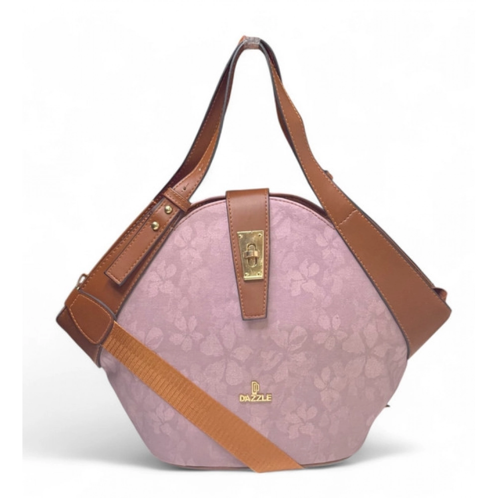 Women's Polyurethane Floral Printed Hexagonal Satchel Handbag with Adjustable Strap (Pink)