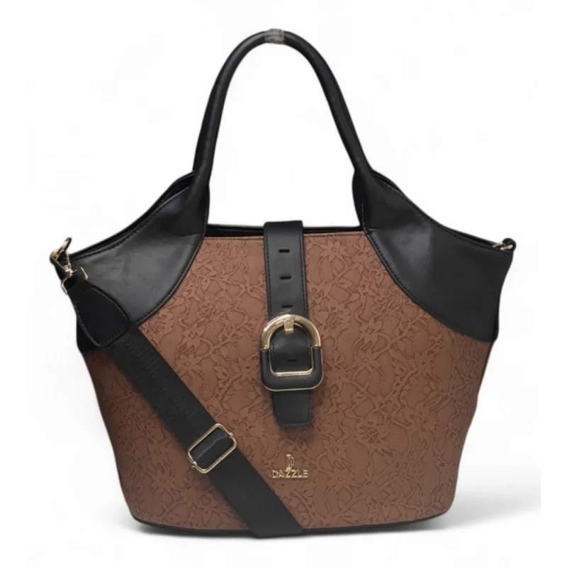 Women's Polyurethane Textured Two-Tone Tote Handbag with Adjustable & Removable Strap (Brown)