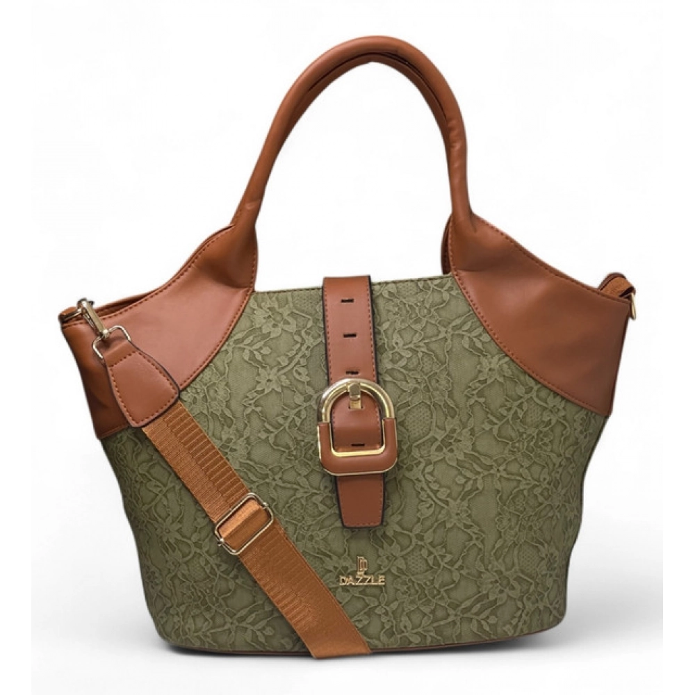 Women's Polyurethane Textured Two-Tone Tote Handbag with Adjustable & Removable Strap (Green)
