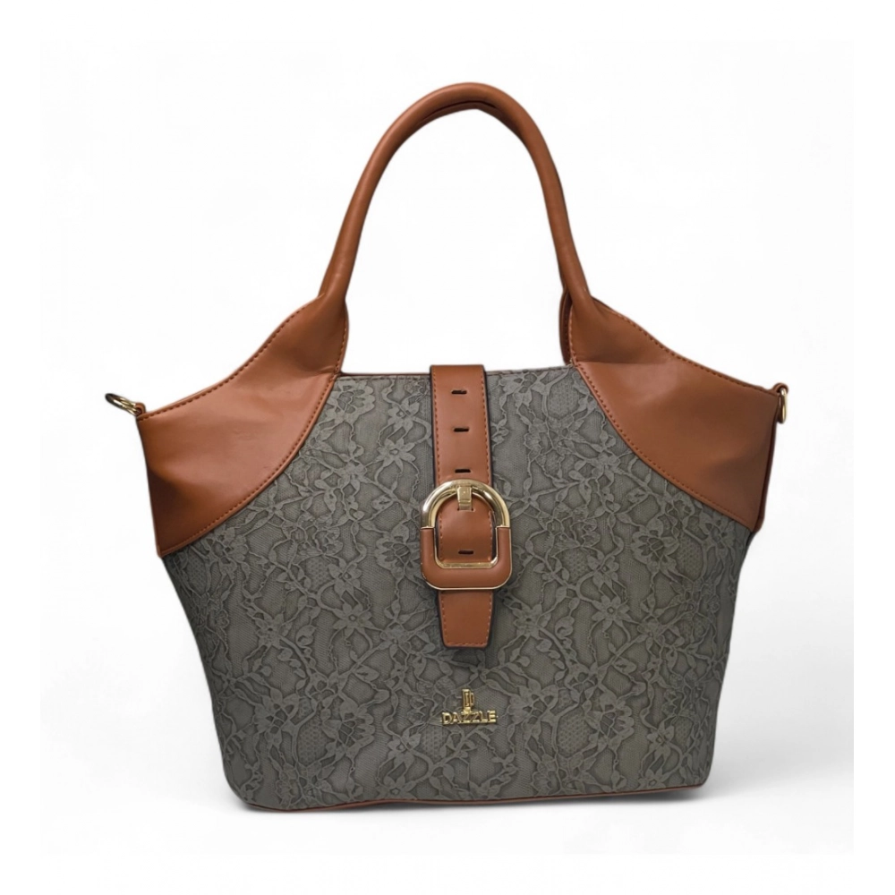 Women's Polyurethane Textured Two-Tone Tote Handbag with Adjustable & Removable Strap (Grey) - Image 5