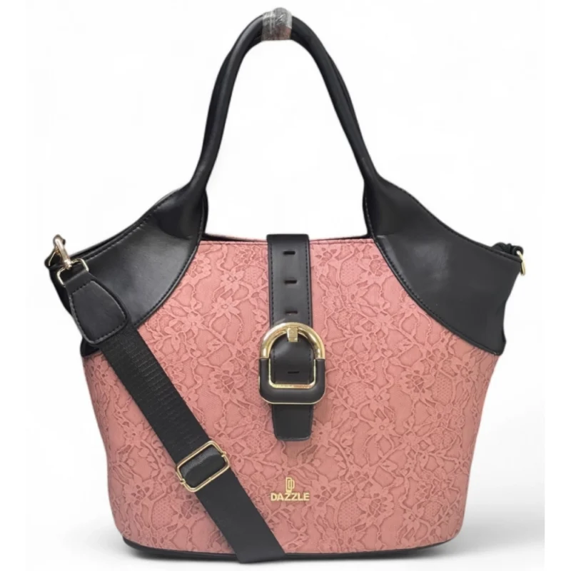 Women's Polyurethane Textured Two-Tone Tote Handbag with Adjustable & Removable Strap (Pink)