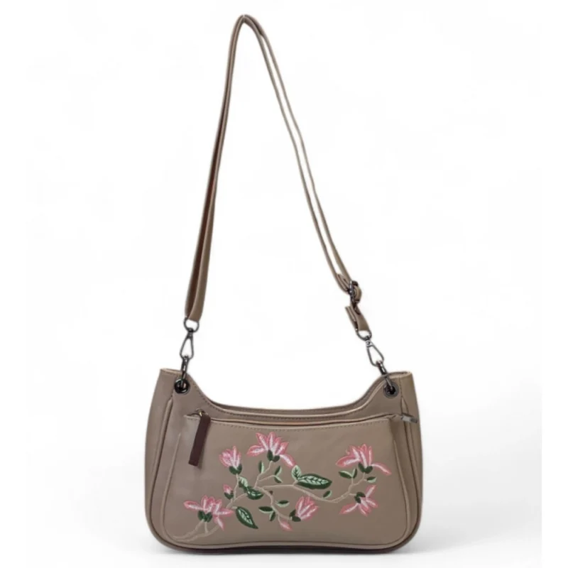 Women's Polyurethane Floral Embroidered Crossbody Sling Bag with Adjustable & Removable Strap (Beige)