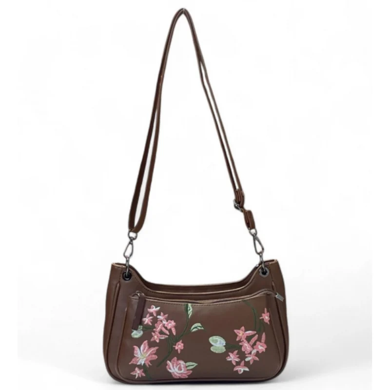 Women's Polyurethane Floral Embroidered Crossbody Sling Bag with Adjustable & Removable Strap (Brown)