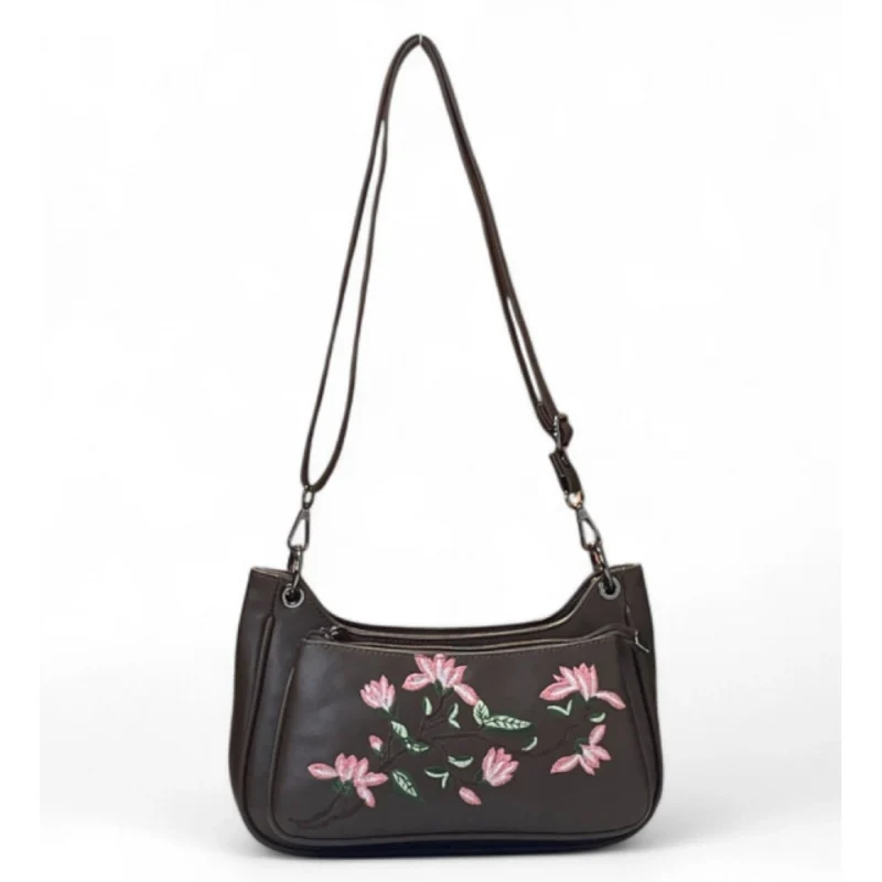 Women's Polyurethane Floral Embroidered Crossbody Sling Bag with Adjustable & Removable Strap (Dark Brown)