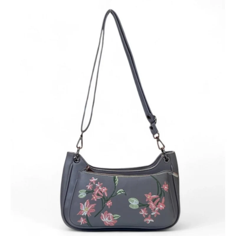 Women's Polyurethane Floral Embroidered Crossbody Sling Bag with Adjustable & Removable Strap (Grey)