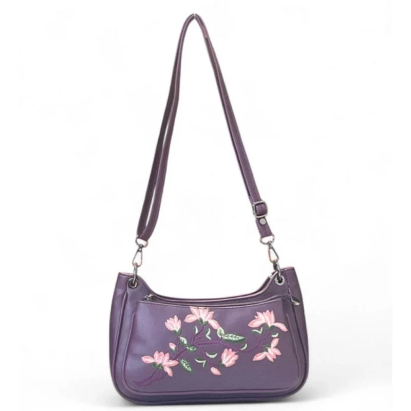 Women's Polyurethane Floral Embroidered Crossbody Sling Bag with Adjustable & Removable Strap (Purple)