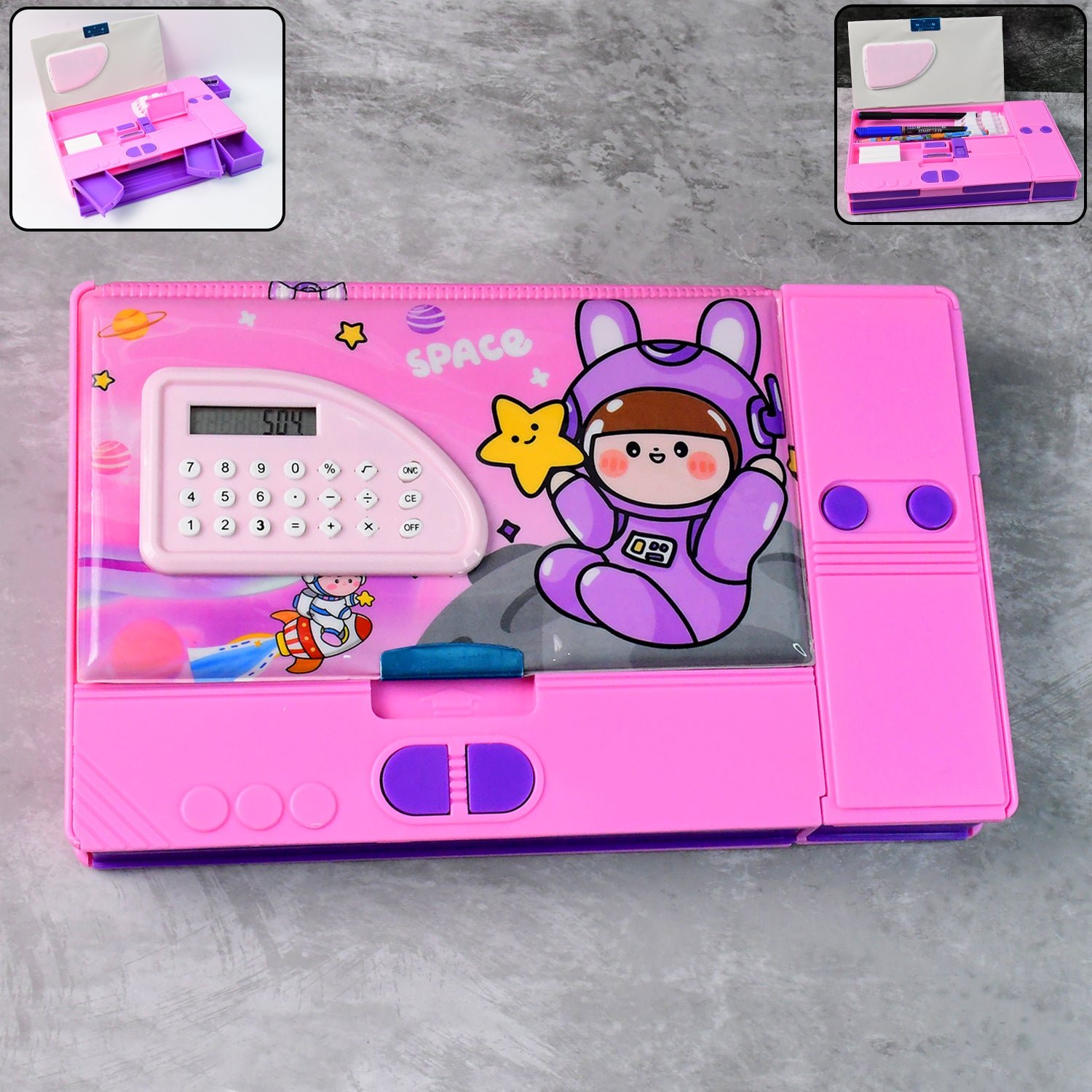 Space Theme Pencil Box with Built-in Calculator – Dual Compartment Organizer