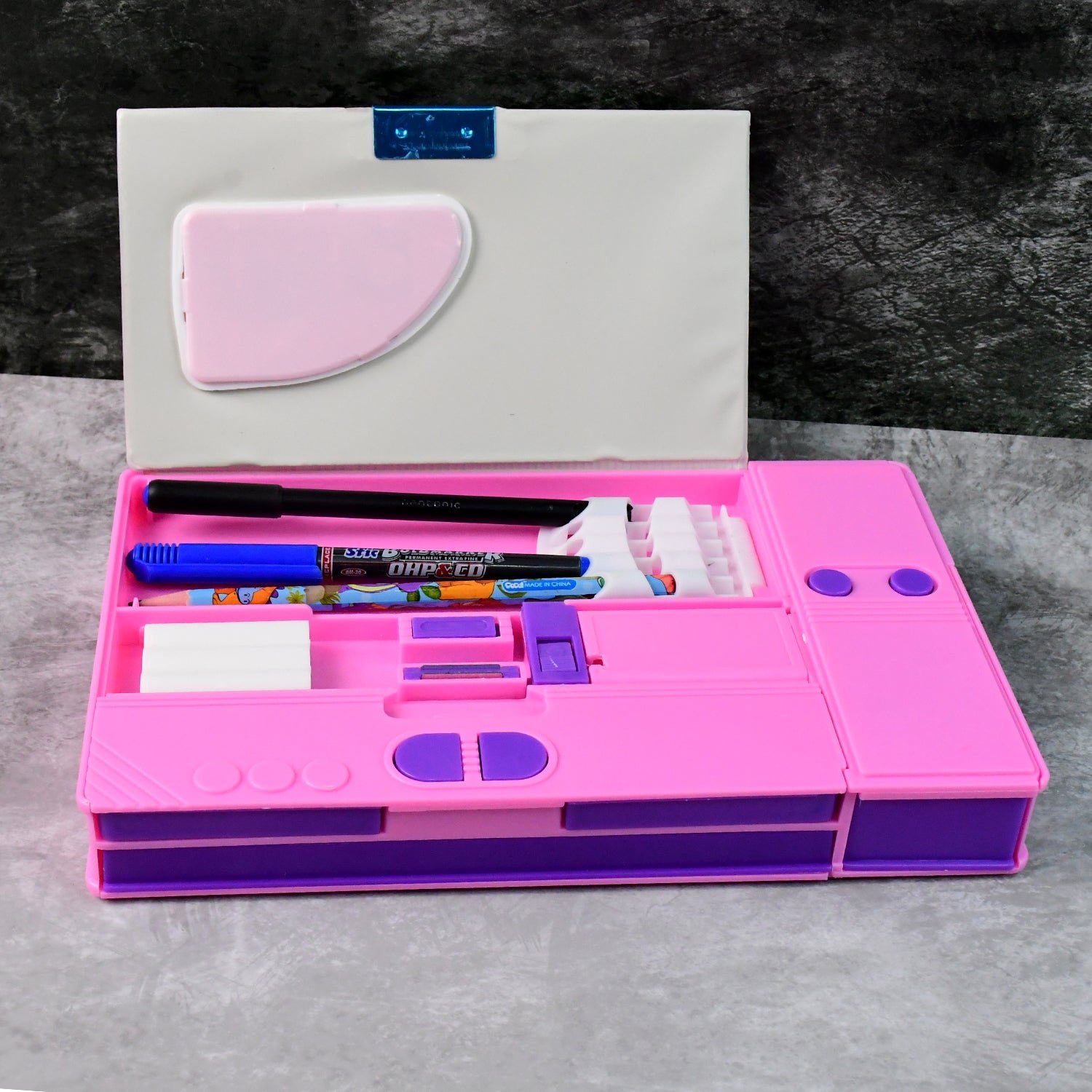 Space Theme Pencil Box with Built-in Calculator – Dual Compartment Organizer