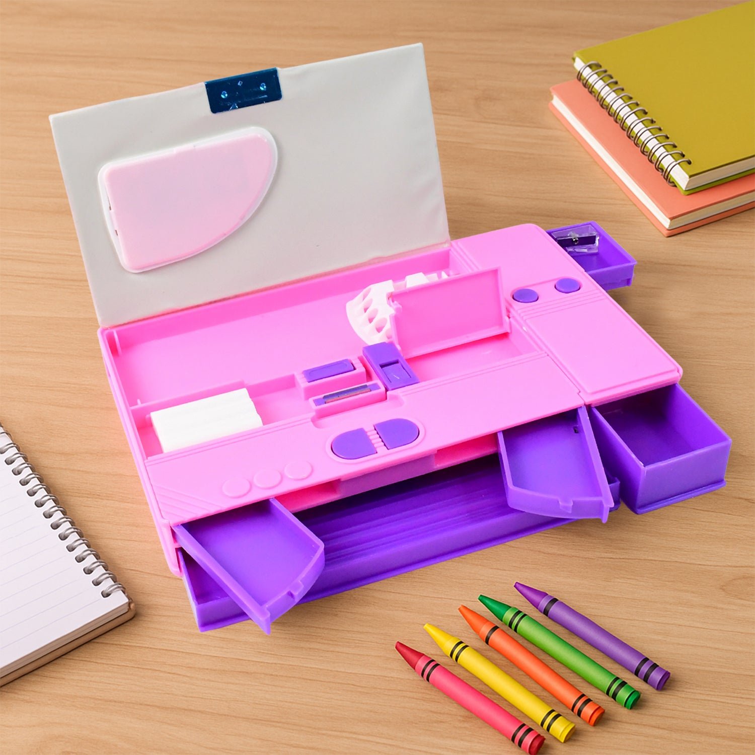 Space Theme Pencil Box with Built-in Calculator – Dual Compartment Organizer