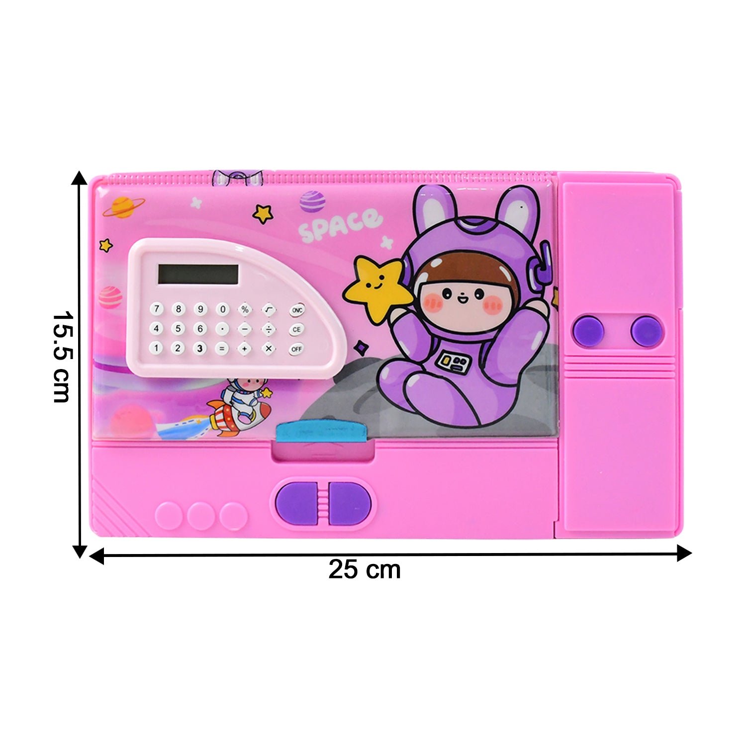 Space Theme Pencil Box with Built-in Calculator – Dual Compartment Organizer