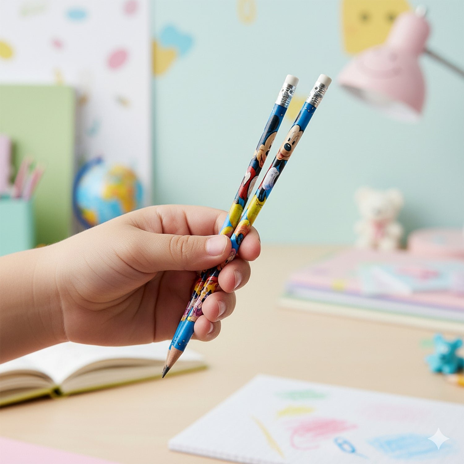 Pencils-07 Cartoon-Printed Graphite Pencils – 12 Pc Kids Set with Eraser