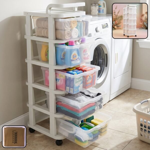 5 Layer Plastic Storage Drawer Rack Organizer with Wheels for Home (1 Pc)