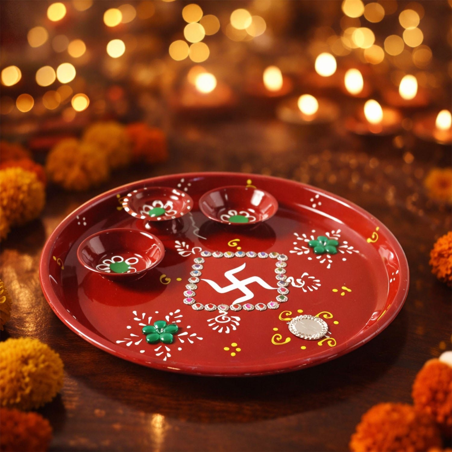 Pooja Thali with Ganesha Motif – Hand-Painted Festive Set