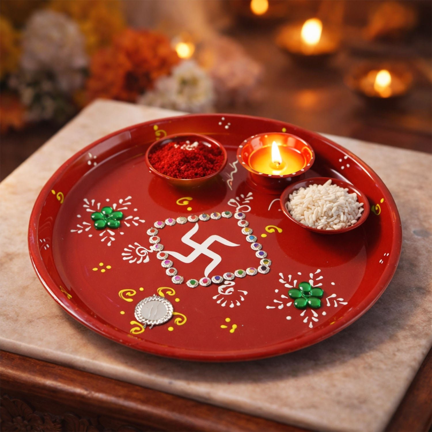 Pooja Thali with Ganesha Motif – Hand-Painted Festive Set